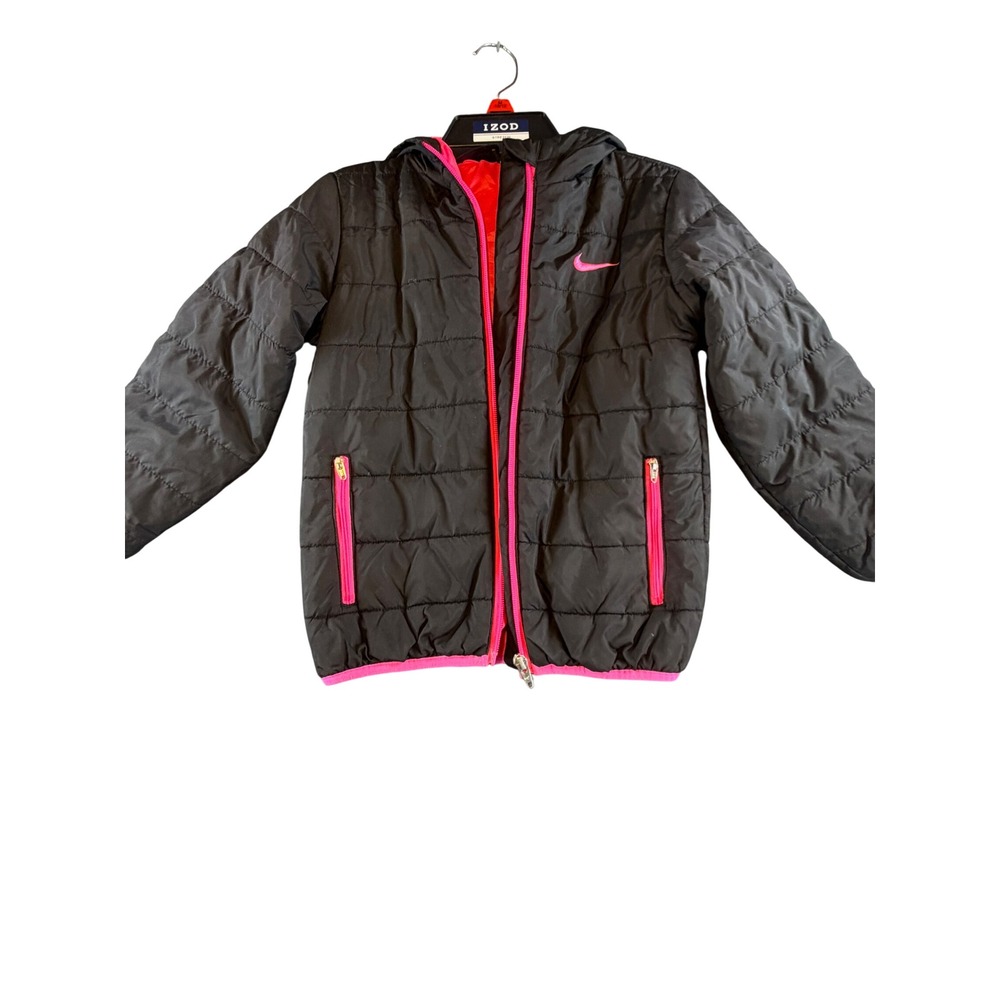 Nike Girls Black Pink Quilted Puffer Hooded Jacket Size 6 5-6 Years